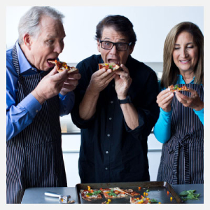 Bob, Anson and Mona trying flatbread pizza